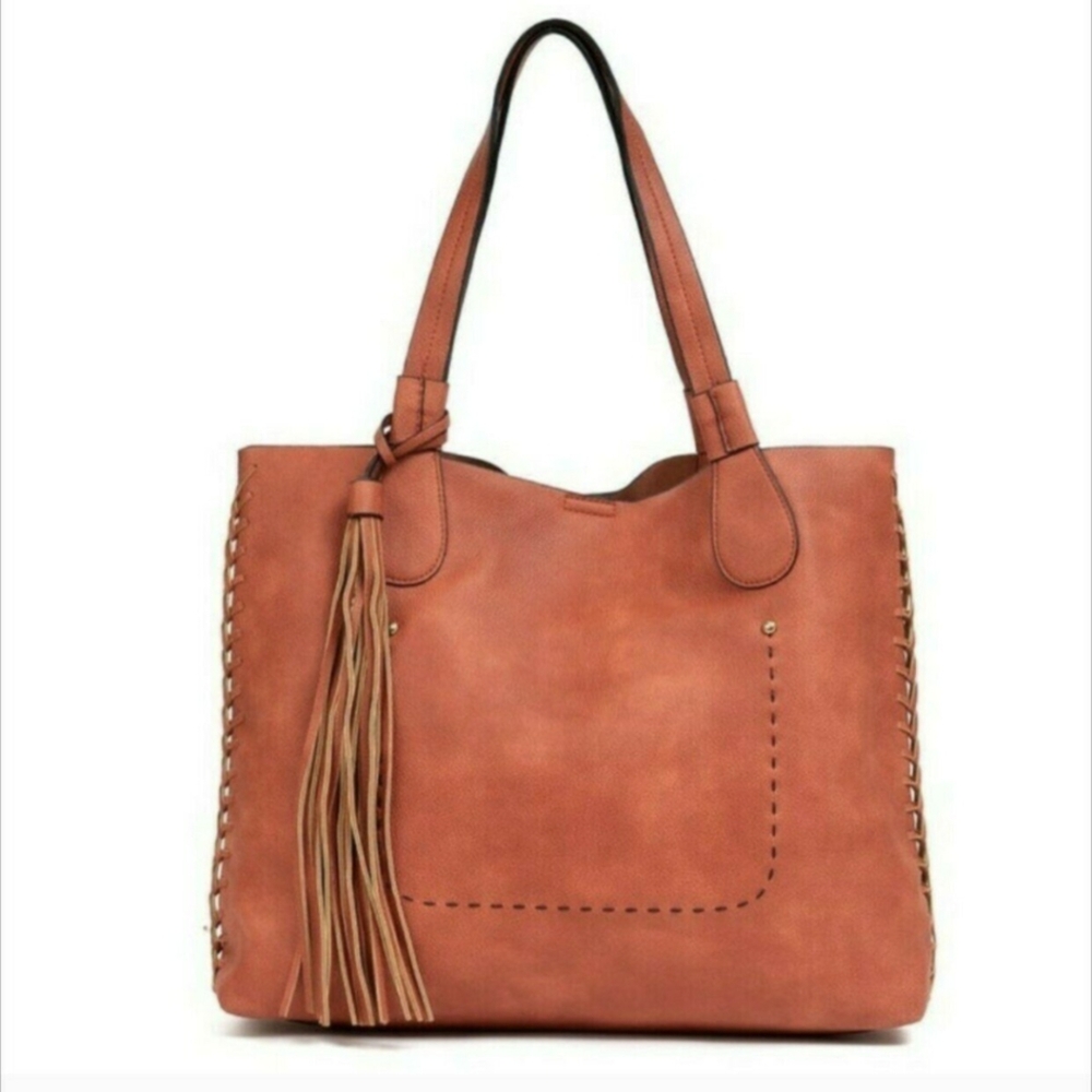 2-in-1 Vegan Leather Whipstitch Tote